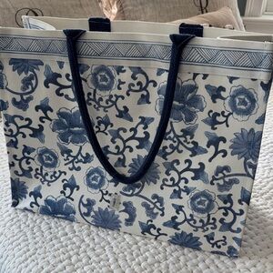 Twos Company Floral Blue and White Tote Bag